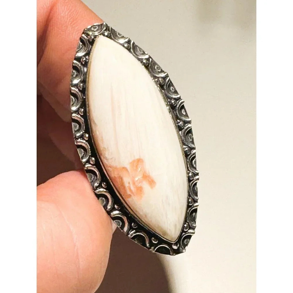 Scolecite Oval White Stone Silver Statement ring 8